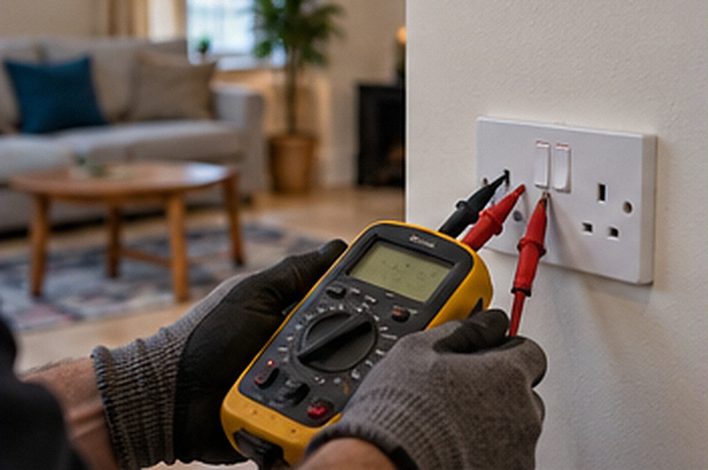 Electrician testing a socket with a multifunction tester