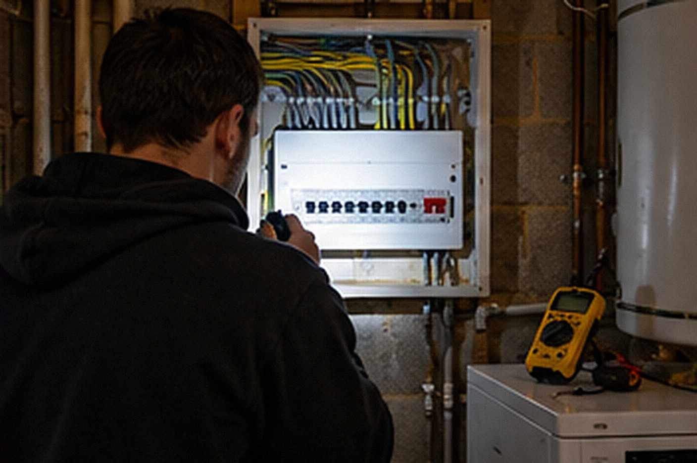 Electrician with a torch inspecting an open consumer unit