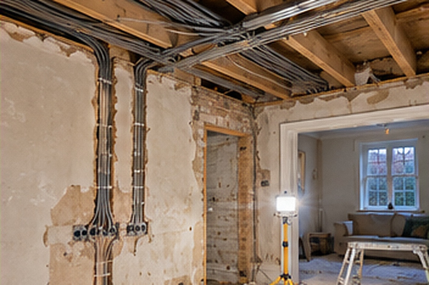 Grey cables run neatly through timber joists during a house rewire
