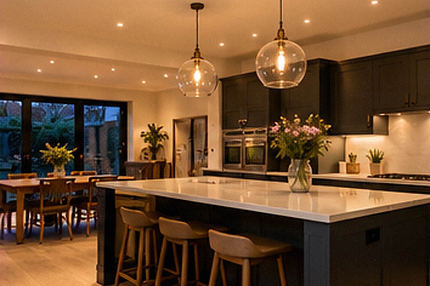 Modern kitchen with warm recessed downlights and pendant lights