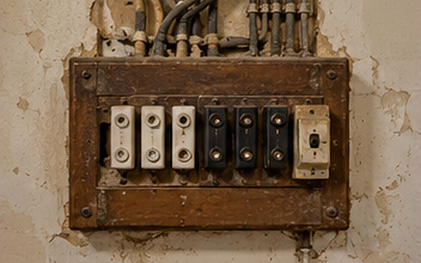 Old fuse box with rewirable fuses and tangled cables