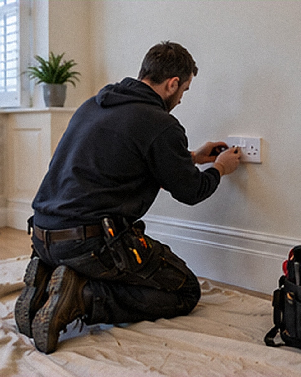 Electrician fitting a new double socket on a protective floor sheet in a bright living room